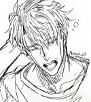 1boy absurdres closed_eyes greyscale highres jujutsu_kaisen male_focus monochrome nanami_kento neconii_oo open_mouth parted_lips safe short_hair sketch solo teeth twitter_username upper_body waking_up yawning