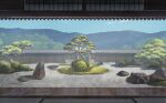 architecture bush choc0_(oda0208) clouds cobblestone courtyard day east_asian_architecture highres mountain no_humans original revision rock rock_garden scenery sky sliding_doors tile_roof tree wooden_floor wooden_wall