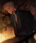 1boy 2ck24 arms_behind_back blonde_hair blood blood_on_face blue_shirt blurry blurry_background collared_shirt depth_of_field formal highres jujutsu_kaisen long_sleeves looking_at_viewer male_focus nanami_kento necktie one_eye_closed parted_lips shirt short_hair solo suit unbuttoned undone_necktie upper_body yellow_necktie