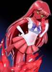 1girl bishoujo_senshi_sailor_moon bow breasts choker circlet colored_skin corruption cosplay covered_navel earrings elbow_gloves fire gloves gradient gradient_background green_eyes hino_rei jewelry long_hair looking_at_viewer magical_girl medium_breasts monster_girl necklace red_choker red_sailor_collar red_skin red_skirt rethnick safe sailor_collar sailor_jupiter sailor_mars sailor_senshi_uniform shirt skirt sleeveless slime_girl solo standing star_(symbol) star_earrings very_long_hair white_gloves white_shirt