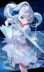  1girl blue_eyes blush closed_mouth dress fighting_stance floating_hair glyph hair_ornament hand_up highres holding holding_sword holding_weapon left-handed light_rays looking_at_viewer myrtenaster ponytail pouch rapier rwby safe sash scar scar_across_eye solo sword tiara umiru weapon weiss_schnee white_dress white_hair 
