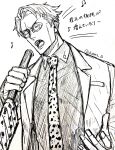 1boy animal_print formal glasses goggles greyscale highres holding holding_weapon jujutsu_kaisen leopard_print male_focus monochrome music nanami_kento necktie neconii_oo open_mouth safe short_hair singing sketch solo suit teeth twitter_username upper_body weapon