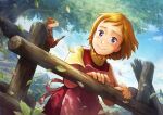 1girl animal annette_burnier apron bird blue_eyes blue_sky blush_stickers brown_hair child day fence highres leaf looking_at_animal nakajima_majikana outdoors safe short_hair short_sleeves sky smile solo tree watashi_no_annette wooden_fence world_masterpiece_theater