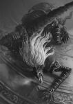 1boy all_fours armor artist_name character_request claws creature elden_ring full_armor greyscale helm helmet highres holding holding_weapon long_hair monochrome monster over_shoulder safe solo tripdancer watermark weapon weapon_over_shoulder