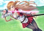  1girl armor asuna_(sao) asymmetrical_bangs bangs belt black_pantyhose blue_sky blurry blurry_background braid breastplate brown_belt brown_eyes brown_hair collarbone commentary_request cropped_vest dutch_angle fighting_stance floating_hair glowing glowing_sword glowing_weapon grasslands holding holding_sword holding_weapon long_hair long_sleeves manato miniskirt motion_blur open_mouth pantyhose pleated_skirt rapier red_skirt red_vest shirt short_ponytail skirt sky solo sword sword_art_online sword_art_online_progressive vest weapon white_shirt 