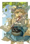 1girl :d absurdres animal_ear_fluff animal_ears arknights basket black_cat blonde_hair blue_dress blue_hairband border cat commentary_request crossover dress english_commentary fox_ears fox_girl fox_tail frilled_dress frilled_hairband frilled_shirt frills green_eyes hairband heixiu highres holding holding_basket kitsune long_hair looking_at_viewer luoxiaohei neck_ribbon outdoors outside_border red_ribbon ribbon safe shio_(7203802) shirt sketch sleeves_past_wrists smile solo standing suzuran_(arknights) suzuran_(spring_praise)_(arknights) tail the_legend_of_luo_xiaohei upper_body white_border