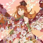 1girl black_clover blurry brown_hair depth_of_field earrings flower flower_dress flower_wings hair_flower hair_ornament head_wreath jewelry long_hair mimosa_vermillion orange_hair plant rose safe solo sumuna_sunaco vines wings yellow_eyes