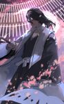 1boy black_hair black_kimono bleach cherry_blossoms expressionless grey_eyes haori highres japanese_clothes katana kimono kuchiki_byakuya male_focus medium_hair senbonzakura_(shikai) shinigami solo sword tomochi_(tmc_tmc8) weapon zanpakutou