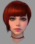  1girl asymmetrical_hair bangs blunt_bangs choker cropped_shoulders grey_background grey_eyes head_only highres ilya_kuvshinov light_smile lips looking_at_viewer mole nose original realistic redhead safe short_hair simple_background solo 