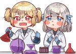 2girls :d absurdres alternate_costume ayano_rika bangs blonde_hair blue_eyes blue_gloves blue_necktie blue_ribbon blue_shirt blunt_bangs blush_stickers chemistry chibi coat collared_shirt commentary commission english_commentary eyebrows_visible_through_hair eyes_visible_through_hair flask gloves grey_hair hair_between_eyes hair_ornament hair_ribbon hair_scrunchie highres holding isuzu_ren jacket lapels long_bangs long_sleeves looking_at_another looking_at_object magia_record:_mahou_shoujo_madoka_magica_gaiden mahou_shoujo_madoka_magica medium_hair mogu_m.g multiple_girls necktie open_mouth parted_lips red_eyes ribbon round-bottom_flask safe scrunchie second-party_source shirt short_hair sidelocks simple_background smile sparkle swept_bangs two_side_up upper_body white_background white_coat white_scrunchie