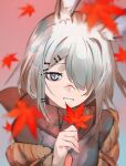 1girl absurdres animal_ear_fluff animal_ears ao_oni_(onioni-aoi) arknights autumn autumn_leaves blue_eyes blurry blurry_background blurry_foreground blush brown_jacket brown_scarf commentary_request depth_of_field falling_leaves frostnova_(arknights) grey_eyes grey_hair grey_shirt hair_ornament hair_over_one_eye hairclip hand_up highres holding holding_leaf jacket leaf long_hair looking_at_viewer maple_leaf parted_lips rabbit_ears safe scarf shirt silver_hair smile solo upper_body