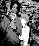 1boy 1girl absurdres backpack bag bracelet candy chainsaw_man chupa_chups clock convenience_store crossover dark-skinned_male dark_skin dreadlocks food greyscale highres holding holding_candy holding_food holding_lollipop jewelry lollipop makima_(chainsaw_man) monochrome necktie playboi_carti real_life safe shirt shop smile white_shirt xyanaid