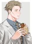 1boy absurdres animal_print blonde_hair blue_shirt bread brown_eyes chewing collared_shirt eating food formal highres holding holding_food jujutsu_kaisen leopard_print lettuce lovemycat18 male_focus nanami_kento necktie sandwich shirt short_hair solo suit upper_body yellow_necktie