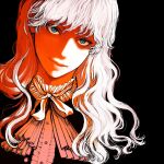 1boy 1girl androgynous berserk black_background blue_eyes commentary commentary_request formal griffith_(berserk) highres light_smile long_hair looking_at_viewer male_focus nisino2222 safe simple_background smile solo wavy_hair white_hair