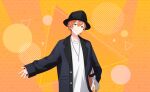 1boy hat jacket male_focus orange_background orange_hair project_sekai safe shinonome_akito short_hair smile solo yellow_eyes