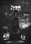 1girl artist_name ascot bloodborne capelet doll_joints dress facing_viewer full_body glowing greyscale happy_halloween highres jewelry joints lamp monochrome necklace own_hands_together plain_doll pumpkin safe shoes solo standing tripdancer