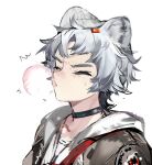  1boy animal_ears arknights bag bear_boy bear_ears bishounen blush chewing_gum choker close-up closed_eyes gradient gradient_background grey_hair highres hood infection_monitor_(arknights) jacket male_focus qanipalaat_(arknights) safe short_hair simple_background solo upper_body white_background yyb 