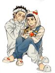 2boys :3 alternate_costume animal_ears animalization apple black_eyes black_hair blush cat_ears character_request expressionless facial_hair fake_animal_ears food fruit goatee golden_kamuy hair_slicked_back hair_strand hands_on_own_cheeks hands_on_own_face hello_kitty highres holding holding_food holding_fruit hood hood_up male_focus multiple_boys ogata_hyakunosuke open_mouth ri_(ri_kaos21) safe sandals scar scar_on_cheek scar_on_face short_hair sitting sitting_on_lap sitting_on_person smile stitches stubble sugimoto_saichi undercut