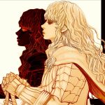 2boys androgynous armor bangs berserk cape closed_mouth dual_persona evil_smile expressionless gradient griffith_(berserk) highres long_hair looking_at_viewer looking_to_the_side multiple_boys nisino2222 safe shoulder_armor sideways_glance smile sword wavy_hair weapon white_cape white_hair