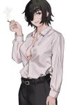  1girl black_hair breasts chainsaw_man cigarette eyepatch giganticbuddha green_eyes hair_over_one_eye highres himeno_(chainsaw_man) looking_at_viewer medium_hair no_bra partially_unbuttoned shirt short_hair smile smoking solo standing white_shirt 