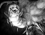 1girl abs absurdres antennae arthropod_girl claws commentary dark_persona english_commentary grape_(grape05843924) greyscale highres horror_(theme) indie_virtual_youtuber juniper_actias looking_at_viewer mandibles monochrome monster monster_girl moth_girl muscle solo virtual_youtuber