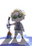 1boy blonde_hair blue_shirt chibi collared_shirt formal full_body goggles highres jujutsu_kaisen long_sleeves male_focus nanami_kento neconii_oo paint paint_on_body paint_on_clothes safe shirt short_hair solo standing suit white_suit