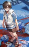 1boy 3girls ahoge amamiya_hibiya asahina_hiyori bangs bare_shoulders blood blood_on_arm blood_on_clothes blood_on_face blood_on_leg blue_dress blue_hair blue_shirt blue_skin blue_theme brown_eyes brown_footwear brown_hair brown_shorts closed_mouth colored_skin dress hair_between_eyes heterochromia highres hood hoodie kagerou_days_(vocaloid) kagerou_project light looking_at_viewer lying multiple_girls no_mouth nyapanu on_back pocket red_eyes road safe sandals shadow shirt short_hair short_sleeves shorts sign sleeveless sleeveless_dress sleeveless_hoodie standing t-shirt traffic_light v-shaped_eyebrows white_hoodie zipper