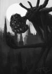 1other ambiguous_gender amygdala blood bloodborne city extra_eyes from_side greyscale hat highres hunter_(bloodborne) looking_at_another monochrome monster moon outdoors safe signature size_difference tricorne tripdancer watermark