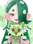 1girl :d akichi_knt alternate_color colored_skin company_connection crossover earrings eyeliner gradient_skin green_background green_hair hachimaki hair_over_one_eye headband highres holding holding_pokemon jewelry long_hair looking_at_viewer makeup multicolored_skin multiple_earrings nejiri_hachimaki nintendo no_humans octarian open_mouth pink_eyeliner pokemon pokemon_(creature) poncho purple_skin red_eyes safe see-through shiver_(splatoon) smile splatoon_(series) splatoon_3 sprigatito suction_cups tentacle_hair two-tone_skin