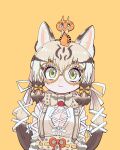 1girl absurdres animal_costume animal_ear_fluff animal_ears blush bow bowtie cat_ears cat_girl closed_mouth extra_ears eyebrows_visible_through_hair geoffroy&#039;s_cat_(kemono_friends) glasses green_eyes highres kanmoku-san kemono_friends kemono_friends_v_project long_hair looking_at_viewer microphone multicolored_hair ribbon safe shirt simple_background skirt solo suspenders twintails virtual_youtuber