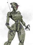  assaultron decal fallout_(series) fallout_4 gradient gradient_background highres humanoid_robot john_fox no_humans robot safe simple_background sketch solo weapon white_background 