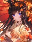 1girl autumn autumn_leaves bangs black_hair blue_eyes blunt_bangs blush brown_hair character_request commentary_request falling_leaves floating_hair hair_ornament highres hime_cut holding holding_leaf holding_umbrella huion japanese_clothes kanzashi kimono leaf loking_at_viewer long_hair looking_at_viewer maple_leaf noir_eku obi obiage oil-paper_umbrella original red_umbrella sash sidelocks solo umbrella upper_body very_long_hair wide_sleeves