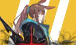  1girl absurdres amiya_(arknights) animal_ear_fluff animal_ears arknights bangs black_jacket blue_eyes brown_hair bunny_ears closed_mouth commentary_request diagonal_stripes from_side hair_between_eyes highres hood hood_down hooded_jacket jacket km_(k74870537) long_hair looking_at_viewer looking_to_the_side open_clothes open_jacket ponytail profile rabbit_ears safe sidelocks solo striped striped_background upper_body 
