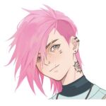  1boy 1girl bangs character_name closed_mouth ear_piercing earrings grey_eyes jewelry league_of_legends looking_at_viewer male_focus neck_tattoo piercing pink_hair portrait safe short_hair smile solo tattoo vi_(league_of_legends) wuzeirou 