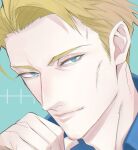1boy aqua_background blonde_hair blue_eyes close-up hand_on_own_face highres jujutsu_kaisen light_smile lips looking_at_viewer male_focus nanami_kento neconii_oo portrait safe short_hair solo