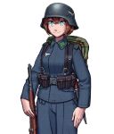 1girl backpack bag bayonet belt_pouch blue_eyes blue_jacket blue_pants brown_hair camouflage_backpack english_commentary flying_sweatdrops gradient gradient_background gun hair_between_eyes helmet jacket medium_hair military military_helmet military_uniform original ostwindprojekt pants pouch rifle safe solo stahlhelm sweat uniform weapon