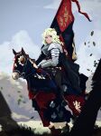  1girl absurdres animal armor black_cape blonde_hair blue_eyes cape cavalry commentary_request day diana_cavendish flag highres holding holding_reins horse horseback_riding knight light_green_hair little_witch_academia medieval multicolored_hair outdoors plate_armor reins riding saddle sitting sky two-tone_hair wavy_hair xlf 