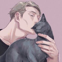 1boy animal black_cat blonde_hair cat closed_eyes collarbone dog jujutsu_kaisen kiss male_focus nanami_kento nekoyanaginekoko pink_background portrait safe shirt short_hair solo