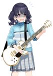 1girl bangs black_hair blue_jacket blush breasts commentary_request electric_guitar feet_out_of_frame fukumaru_koito grey_skirt guitar holding holding_instrument idolmaster idolmaster_shiny_colors instrument jacket long_sleeves notice_lines o_(rakkasei) open_mouth plaid plaid_skirt pleated_skirt plectrum red_eyes safe shaded_face simple_background skirt small_breasts solo standing sweat tears track_jacket twintails wavy_mouth white_background