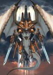 arm_blade claws clouds day dragon grey_sky highres looking_at_viewer madarao_56 mecha monster no_humans open_mouth original outdoors robot solo weapon wings