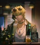 1boy absurdres alcohol animal_ears arknights black_gloves black_jacket blonde_hair blurry blurry_background ceiling_light closed_mouth commentary cup dog_boy dog_ears drinking_glass eyewear_on_head gloves green_eyes half_gloves hand_on_own_cheek hand_on_own_face head_rest highres indoors jacket jewelry long_sleeves looking_at_viewer male_focus necklace open_clothes open_jacket partially_unbuttoned riziw safe shirt short_hair smile solo sunglasses tequila_(arknights) upper_body white_shirt