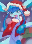 :3 absurdres animal_ear_fluff animal_focus animal_hands arm_up bangs blue_eyes blue_hair blush box breath capelet christmas claws clothed_pokemon commentary_request ears_through_headwear fang fur-trimmed_capelet fur-trimmed_headwear fur_trim furry gift gift_box glaceon gradient gradient_background happy hat highres long_hair looking_at_viewer no_humans open_mouth partial_commentary pokemon pokemon_(creature) pom_pom_(clothes) red_capelet red_headwear samenoha_(salmon_no_kaori) santa_hat sidelocks simple_background smile snowing solo sweat twintails upper_body yellow_pupils