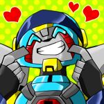 1boy 3356-10 blue_eyes closed_eyes halftone halftone_background hasbro heart hot_shot_(transformers) humanoid_robot lowres polka_dot polka_dot_background robot safe smile solo transformers transformers_animated