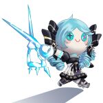 1girl aqua_hair asymmetrical_legwear bangs black_bow black_dress blush_stickers bow buttons character_doll doll dress drill_hair frilled_dress frills full_body green_hair grey_dress gwen_(league_of_legends) hair_bow highres holding holding_scissors league_of_legends low_twintails mismatched_legwear pantyhose scissors simple_background smile solo sparkle striped striped_pantyhose sword twin_drills twintails weapon white_background yodle