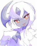 1girl :3 absol animal_hands bangs body_fur bright_pupils chromatic_aberration claws closed_mouth colored_skin commentary dot_nose fur_collar furry furry_female grey_horns grey_skin hand_on_own_chest hand_up happy head_tilt horns looking_at_viewer p pokemon pokemon_(creature) portrait red_eyes samenoha_(salmon_no_kaori) short_hair sidelocks simple_background single_horn smile solo tongue tongue_out white_background white_fur white_hair white_pupils white_theme