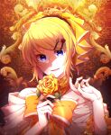 1girl aku_no_musume_(vocaloid) bangs blonde_hair bow brown_background collar dress evillious_nendaiki flower hair_bow hair_flower hair_ornament hairclip hand_up holding holding_flower kagamine_rin looking_at_viewer masaki_(star8moon) off-shoulder_dress off_shoulder orange_collar parted_lips patterned_background ponytail riliane_lucifen_d&#039;autriche rose short_ponytail smile solo swept_bangs upper_body violet_eyes vocaloid white_bow yellow_bow yellow_dress yellow_flower yellow_nails yellow_rose