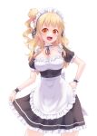 1girl absurdres alternate_costume apron blonde_hair blush breasts dress enmaided highres kateil_(lusan666) long_hair looking_at_viewer lusan666 maid maid_apron maid_headdress medium_breasts open_mouth orange_eyes original puffy_sleeves smile solo waist_apron white_background wrist_cuffs