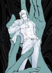 1boy abs belt closed_eyes commentary_request disembodied_limb hand_in_pocket highres jujutsu_kaisen kimsatgat korean_commentary male_focus muscular muscular_male nanami_kento open_clothes open_shirt pants pectorals safe shirt solo