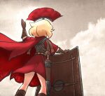  1girl armor blonde_hair borrowed_character brown_gloves cape centurii-chan clouds gloves helmet holding legionnaire original red_cape roman_clothes roman_empire safe sheath shield short_hair soldier solo standing sword vanishlily weapon 