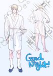 1boy blonde_hair book commentary_request english_text full_body gradient gradient_background highres holding holding_book jujutsu_kaisen kimsatgat korean_commentary long_sleeves looking_at_viewer male_focus nanami_kento open_book robe safe see-through_silhouette short_hair slippers socks solo standing white_socks